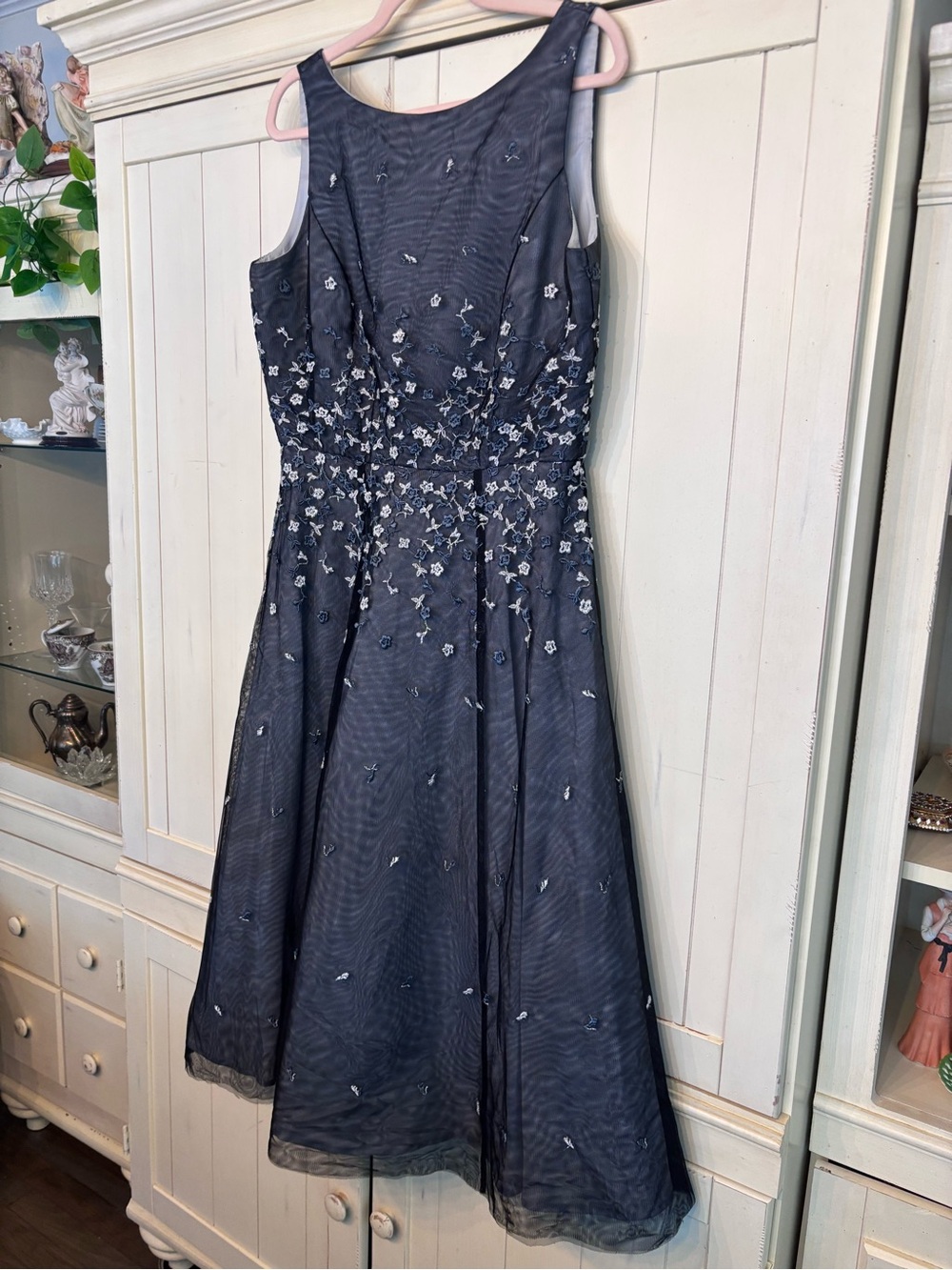 Vintage Js collection Aline Navy Blue Midi Dress with Floral Embroidery. 12